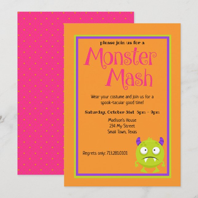Monster Mash Kids Cute Colorful Halloween Invitation (Front/Back)