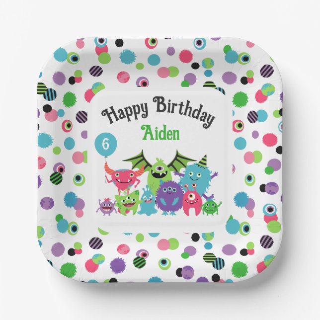 Monster Mash Name & Age Birthday Party Paper Plates (Front)