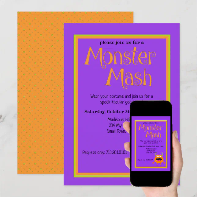 Monster Mash Orange Kids Cute Colorful Halloween Invitation | Zazzle