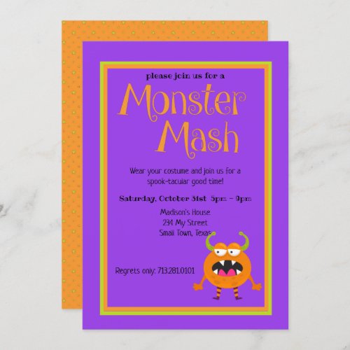 Monster Mash Orange Kids Cute Colorful Halloween Invitation
