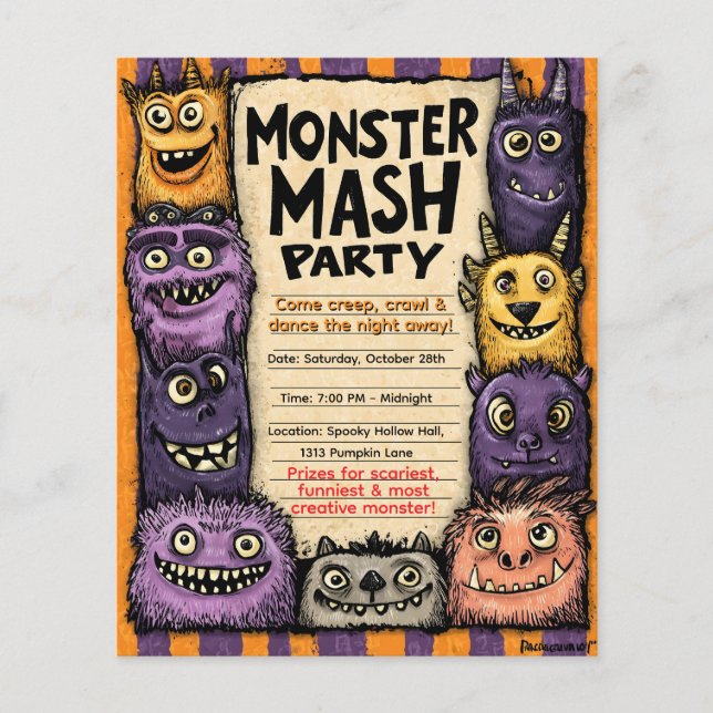 "Monster Mash Party" with Cute Monsters Flyer (Front)