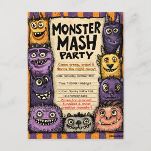 "Monster Mash Party" with Cute Monsters Invitation Postcard