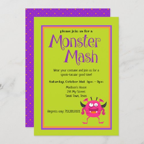 Monster Mash Pink Kids Cute Colorful Halloween Invitation