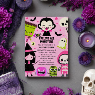Monster Mash Pink Kids Halloween Birthday Party Invitation