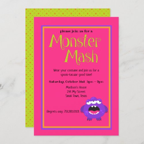 Monster Mash Purple Kids Cute Colorful Halloween Invitation