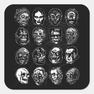 Monster Masks Art Sticker B & W – Retro Halloween