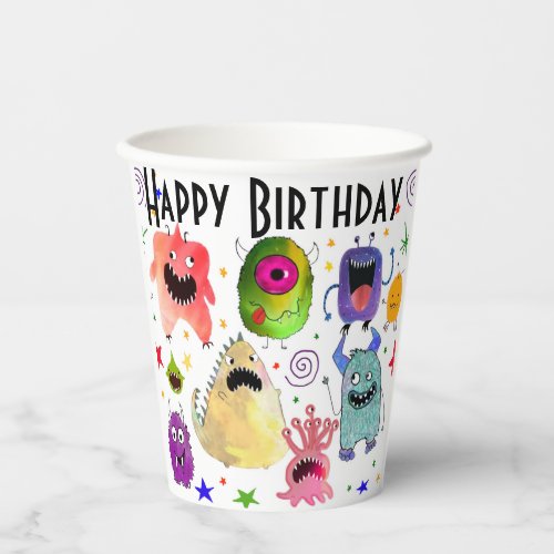 Monster party paper cups are personalized 