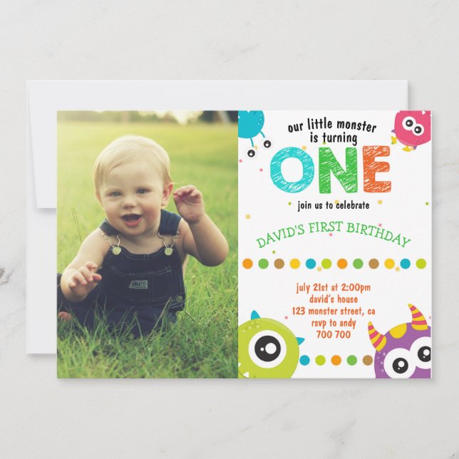 Monster Photo 1st Birthday Boy Little Monsters Invitation (Front)