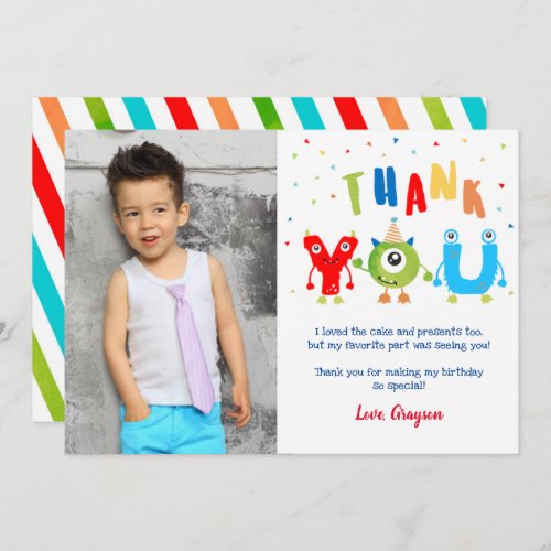 Monster Photo Birthday Party Thank You Cards