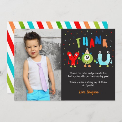 Monster Photo Birthday Party Thank You Cards