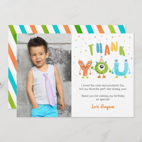 Monster Photo Birthday Party Thank You Cards