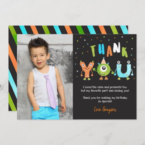 Monster Photo Birthday Party Thank You Cards