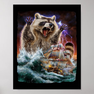 Monster Raccoon As Kraken Attack A War Ship At Hig Poster