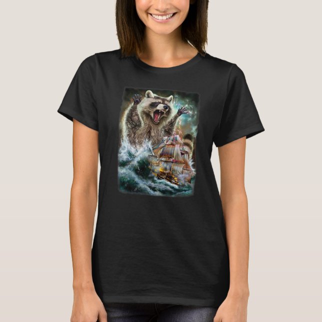 Monster Raccoon As Kraken Attack A War Ship At Hig T-Shirt (Front)