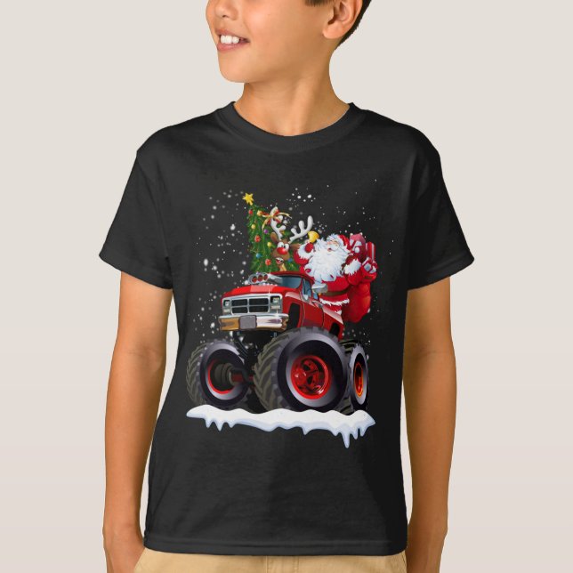 Monster Red Truck With Santa, Christmas Tree, Rein T-Shirt (Front)