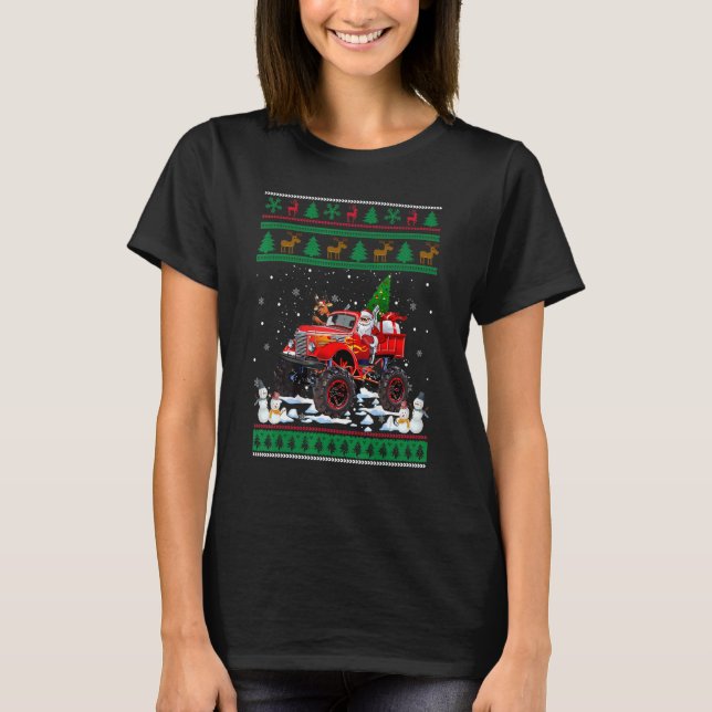 Monster Red Truck With Santa Ugly Christmas Tree R T-Shirt (Front)