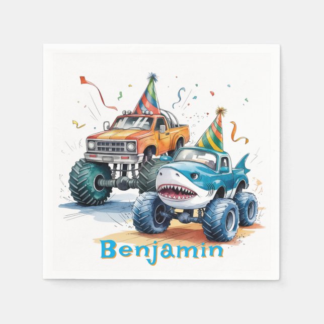Monster Shark Truck Birthday Bash watercolor Napkins (Front)