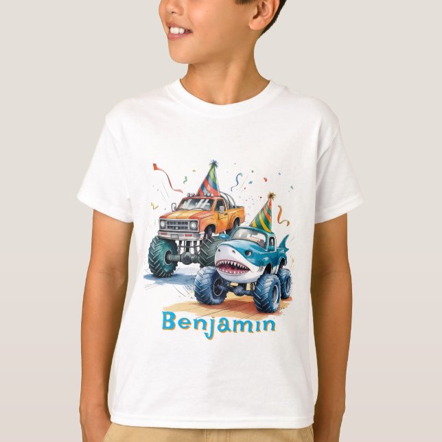 Monster Shark Truck Birthday Bash watercolor T-Shirt (Front)