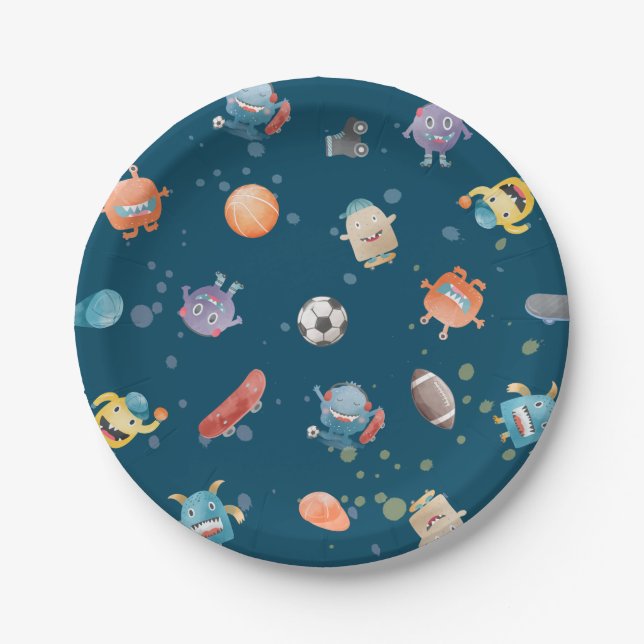 Monster Sports Boy Birthday Party on Teal Paper Plates (Front)