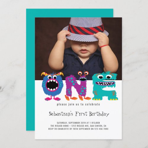 Monster Text First Birthday Photo Personalized Invitation
