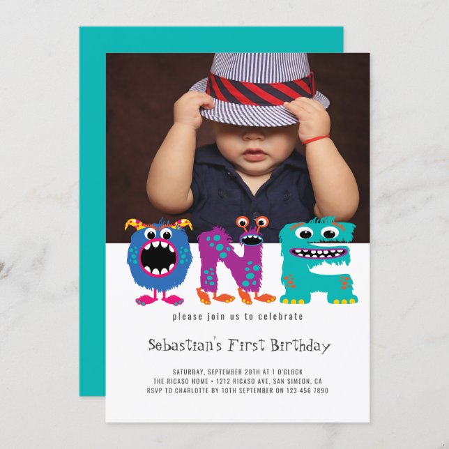 Monster Text First Birthday Photo Personalized Invitation (Front/Back)