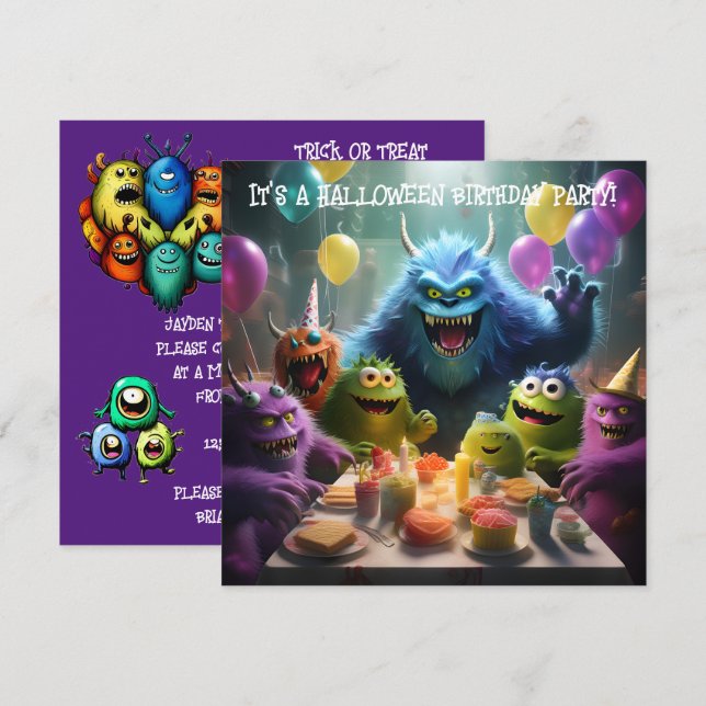 Monster Theme Kids Halloween Birthday Party Invitation (Front/Back)