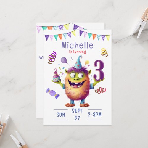 Monster Three Year Birthday Invitation