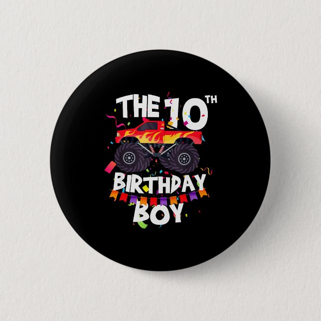 Monster Truck 10th Birthday Boy Funny 10 Years Old Button (Front)
