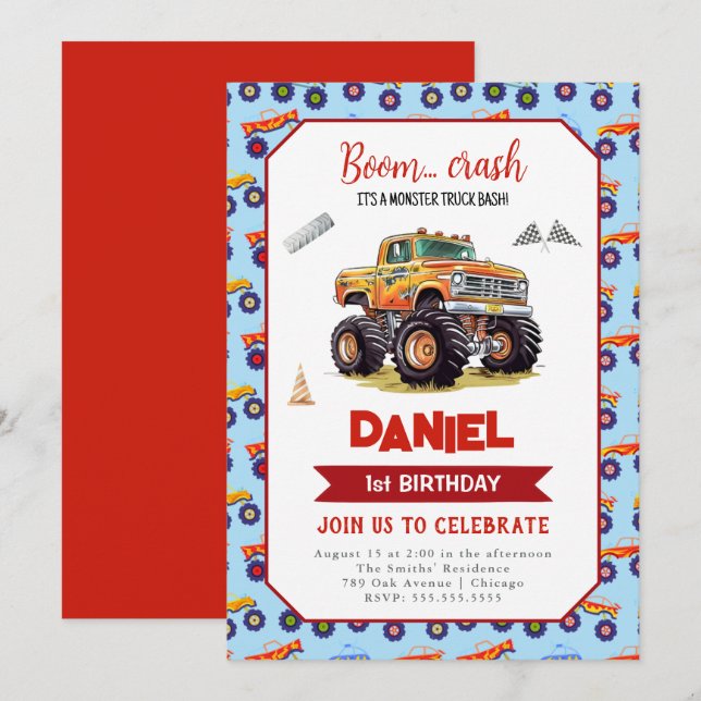 Monster Truck 1st Birthday Invitation (Front/Back)