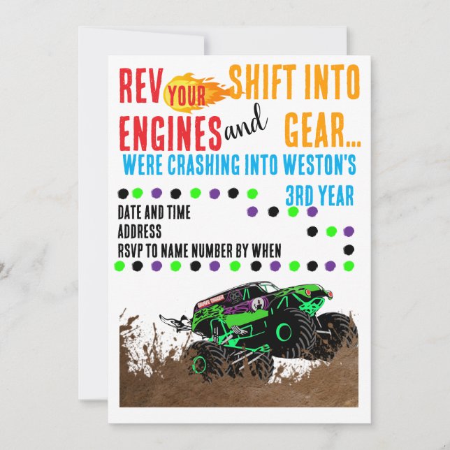 Monster truck 3rd birthday invitation (Front)