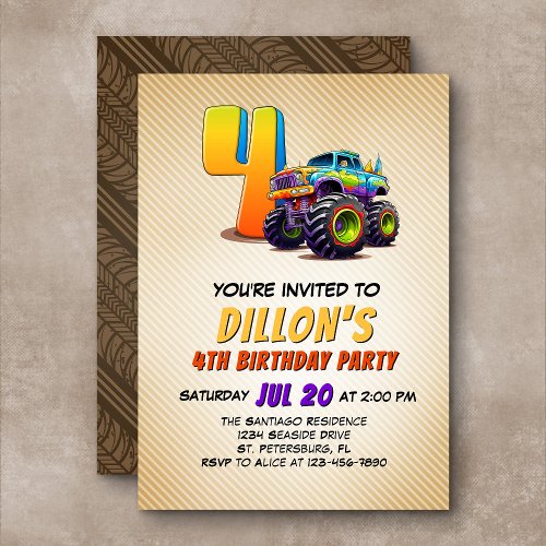 Monster Truck 4th Birthday Invitation