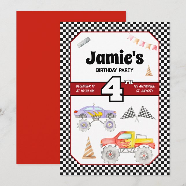 Monster Truck 4th Birthday Invitation (Front/Back)