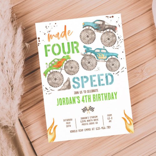 Monster Truck 4th Birthday Made Four Speed Invitation