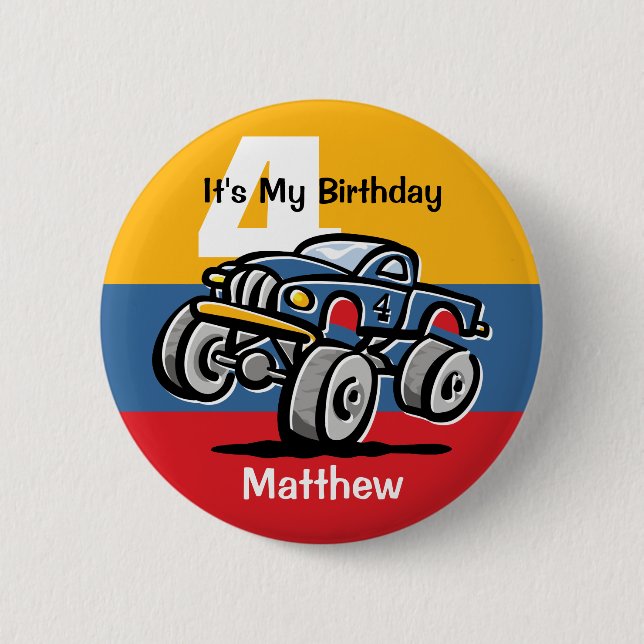 Monster Truck 4th Birthday Pinback Button (Front)