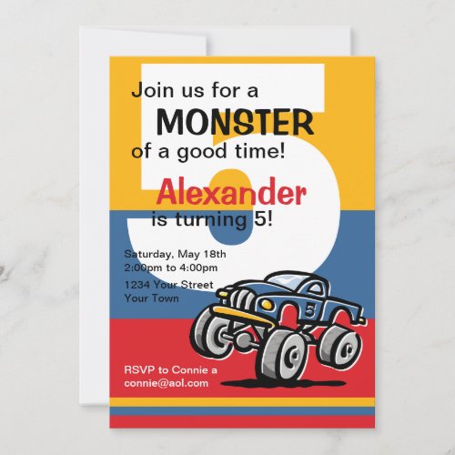 Monster Truck 5th Birthday Invitation