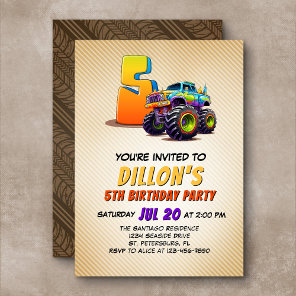 Monster Truck 5th Birthday Invitation