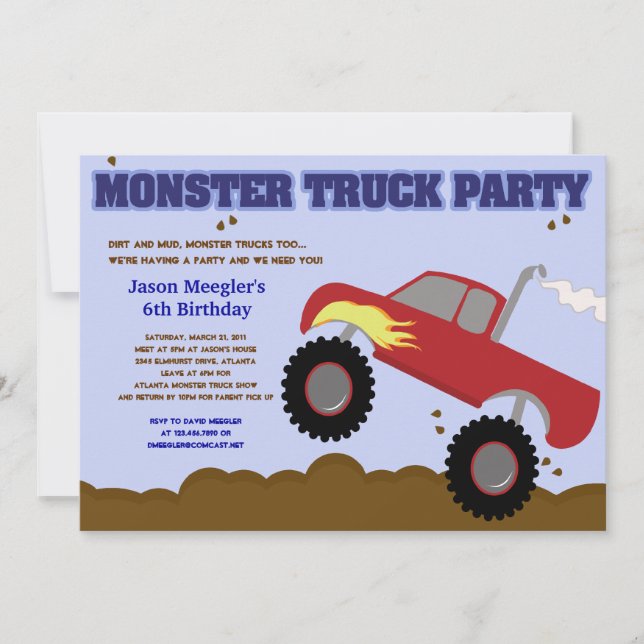 MONSTER TRUCK 5x7 (Red Truck) Birthday Invitations (Front)