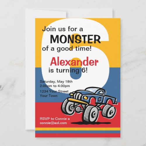 Monster Truck 6th Birthday Invitation
