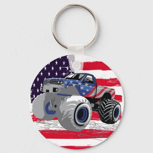 Monster Truck American Flag Racing USA Basic Butto Keychain