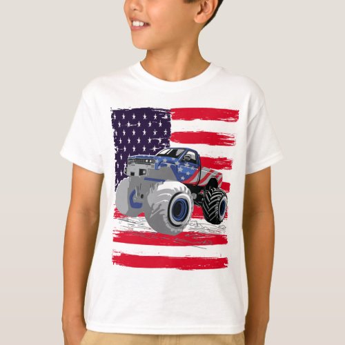 Monster Truck American Flag Racing USA Boy T_Shirt