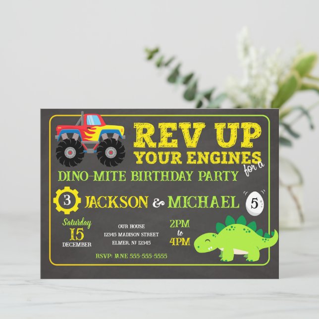 Monster Truck and Dinosaur Joint Birthday Invitation (Standing Front)