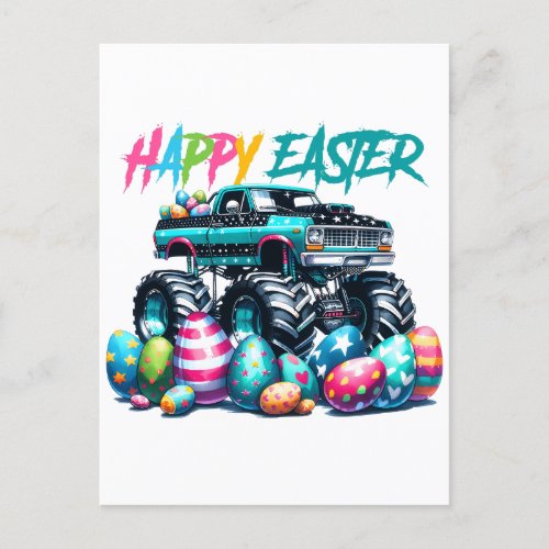 monster truck and easter eggs holiday postcard