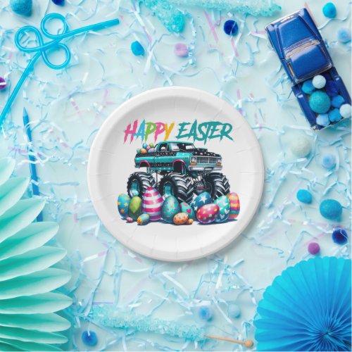 monster truck and easter eggs paper plates