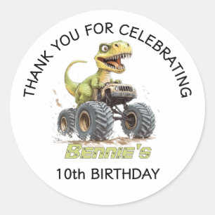 Monster Truck And T-Rex Dinosaur Birthday Party Classic Round Sticker