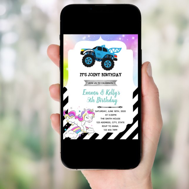 Monster truck and unicorn joint party Invitation (Front Digital)