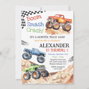 Monster Truck Bash Boom Smash Crash Boy Birthday Invitation