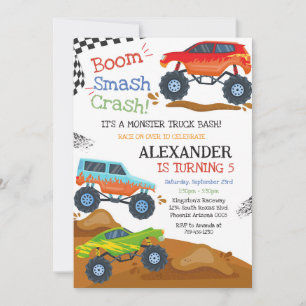 Monster Truck Bash Boom Smash Crash Boy Birthday Invitation