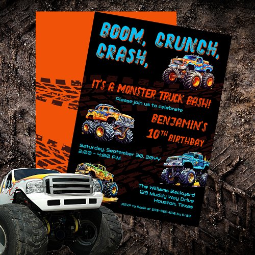 Monster Truck Bash Boy 10th Birthday Party Invitation