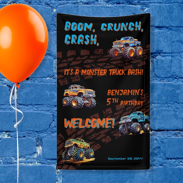 Monster Truck Bash Boy 5th Birthday Party Banner ("Boom, Crunch, Crash, It's A Monster Truck Bash" Boy's 5th Birthday Party 3' x 5' banner)