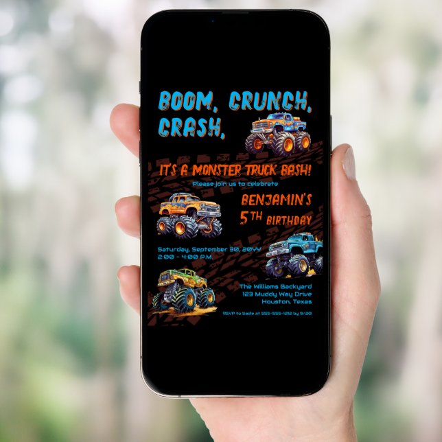 Monster Truck Bash Boy 5th Birthday Party Invitation (Front Digital)